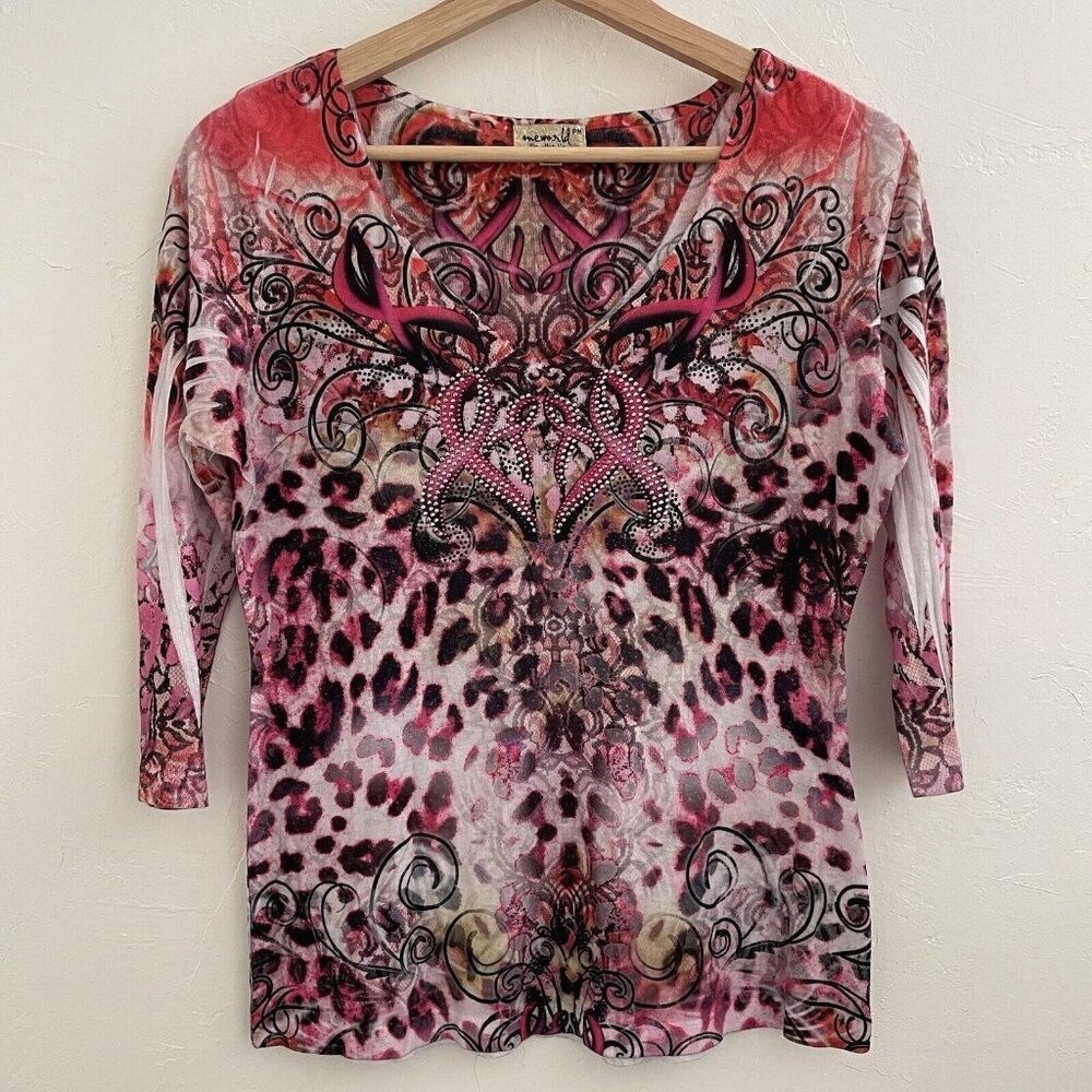 Y2K One World Rhinestone Pink Cheetah Print Whimsy Fairy Festival Top Artsy PM